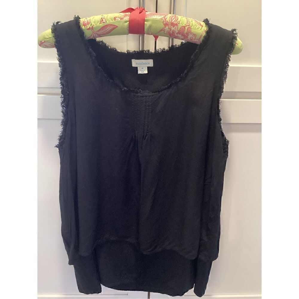 Sundance Womens Frayed Sleeveless Tiered Top Sz M Black Stretch